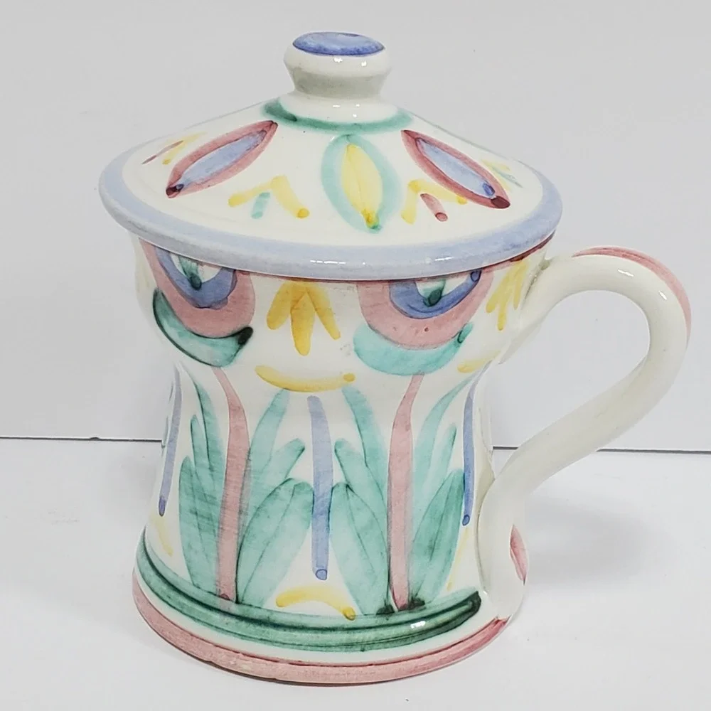 VIETRI‎ Italy 1986 Hand Painted Ceramic Sugar Bowl with Lid Floral Design
